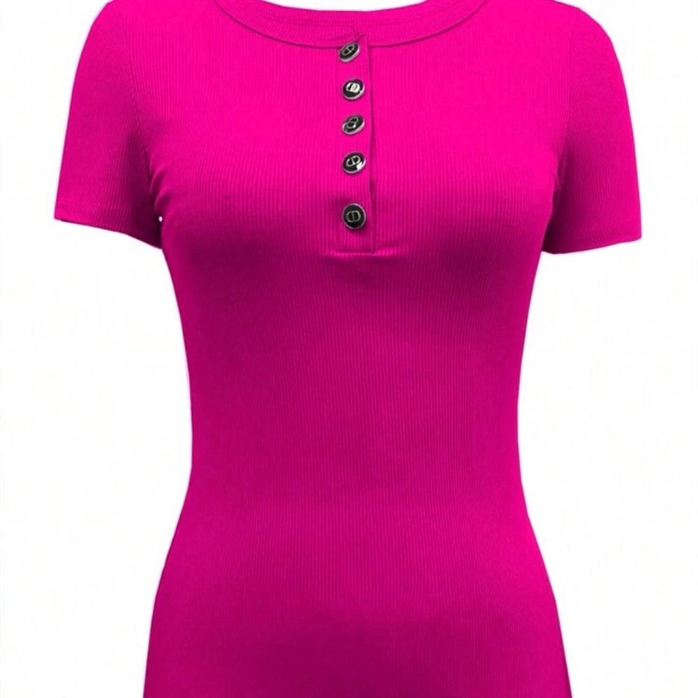 Ribbed Henley Short Sleeve Top - Fuchsia Pink